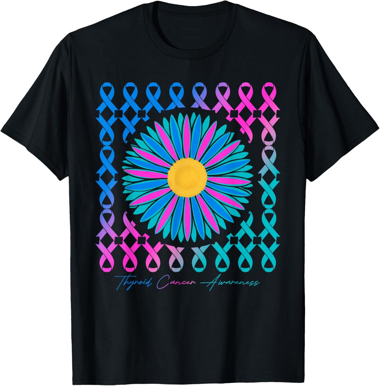 Thyroid Cancer Awareness Teal Pink Blue Ribbons T-Shirt - T-Shirt | Black