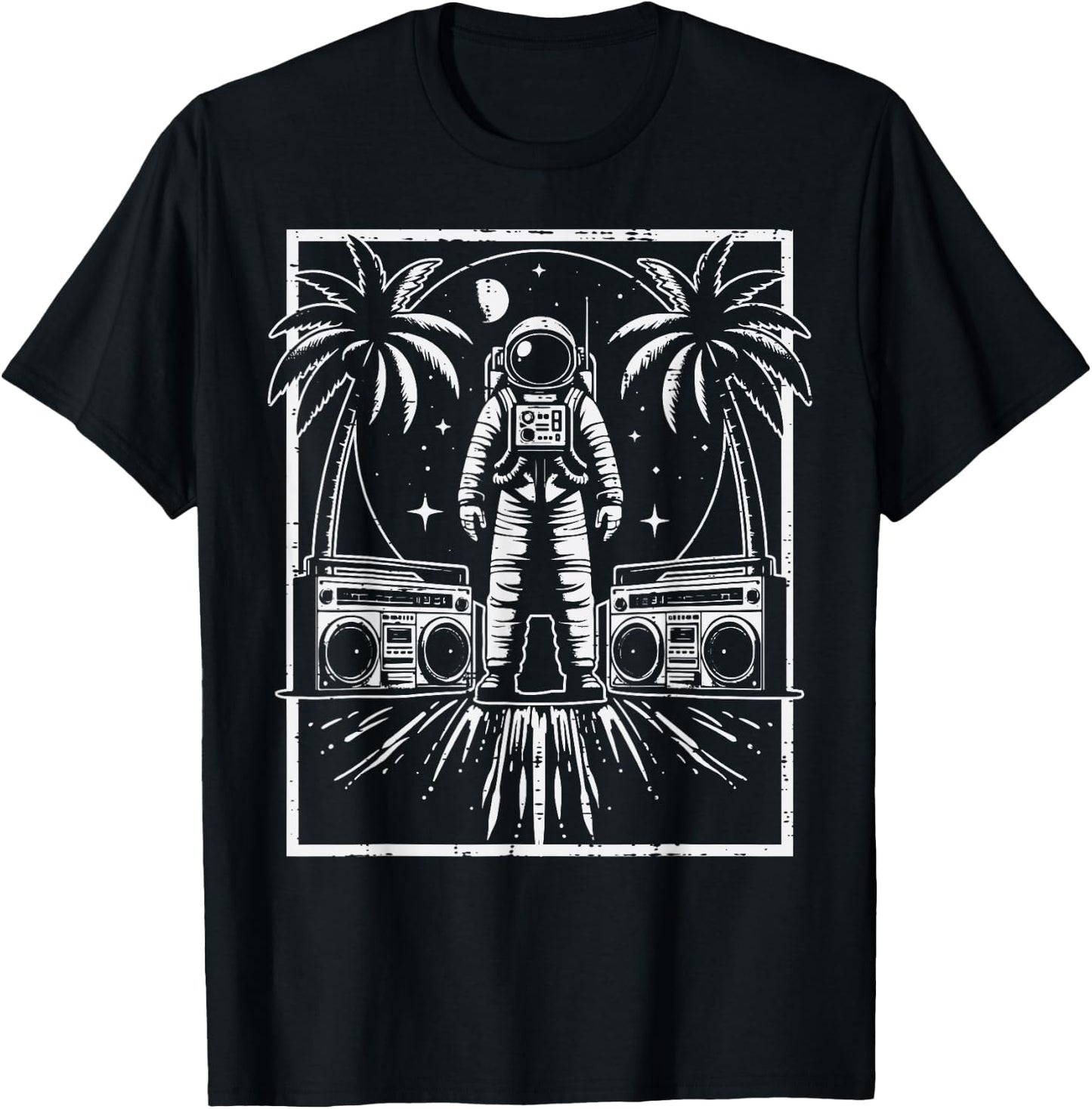 Astronaut Boomboxes Palm Trees Retro Space Men Women Kids T-Shirt - T-Shirt | Black