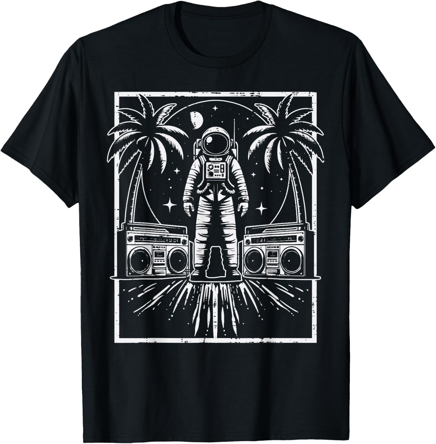 Astronaut Boomboxes Palm Trees Retro Space Men Women Kids T-Shirt - T-Shirt | Black