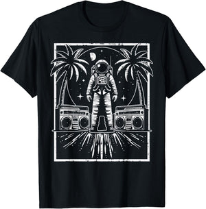 Astronaut Boomboxes Palm Trees Retro Space Men Women Kids T-Shirt - T-Shirt | Black