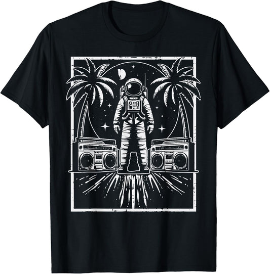 Astronaut Boomboxes Palm Trees Retro Space Men Women Kids T-Shirt - T-Shirt | Black