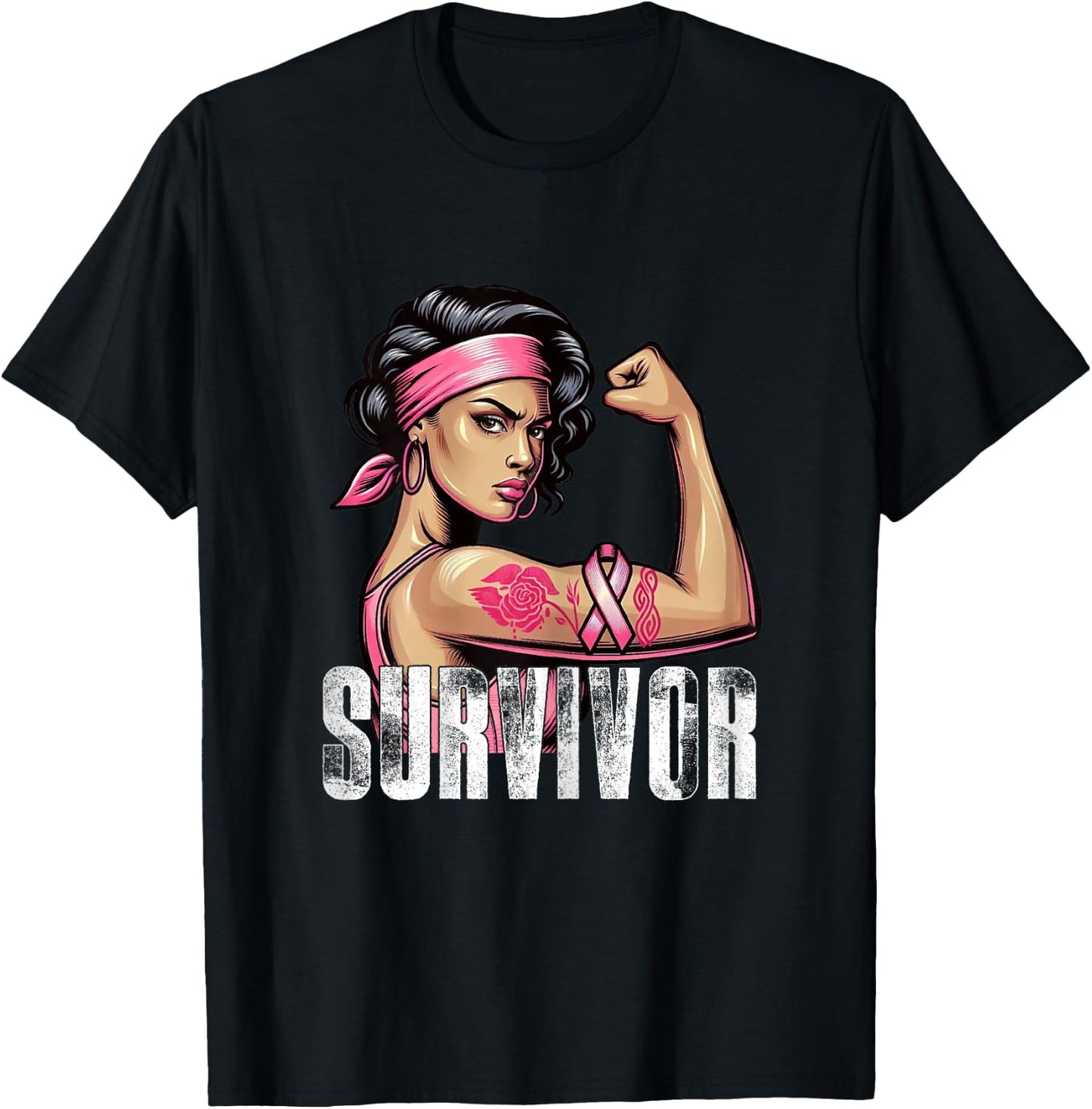 Breast Cancer Survivor Rosie Riveter Pink Awareness Women T-Shirt - T-Shirt | Black