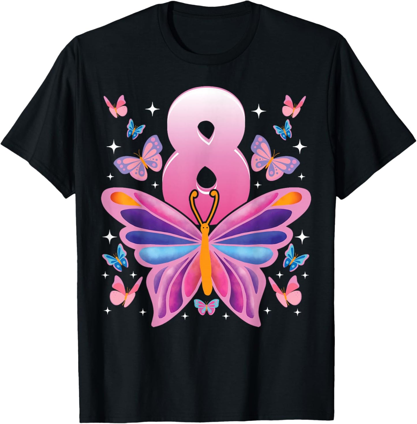 Kids 8 Years Old Cute Butterfly 8th Birthday Celebration T-Shirt - T-Shirt | Black