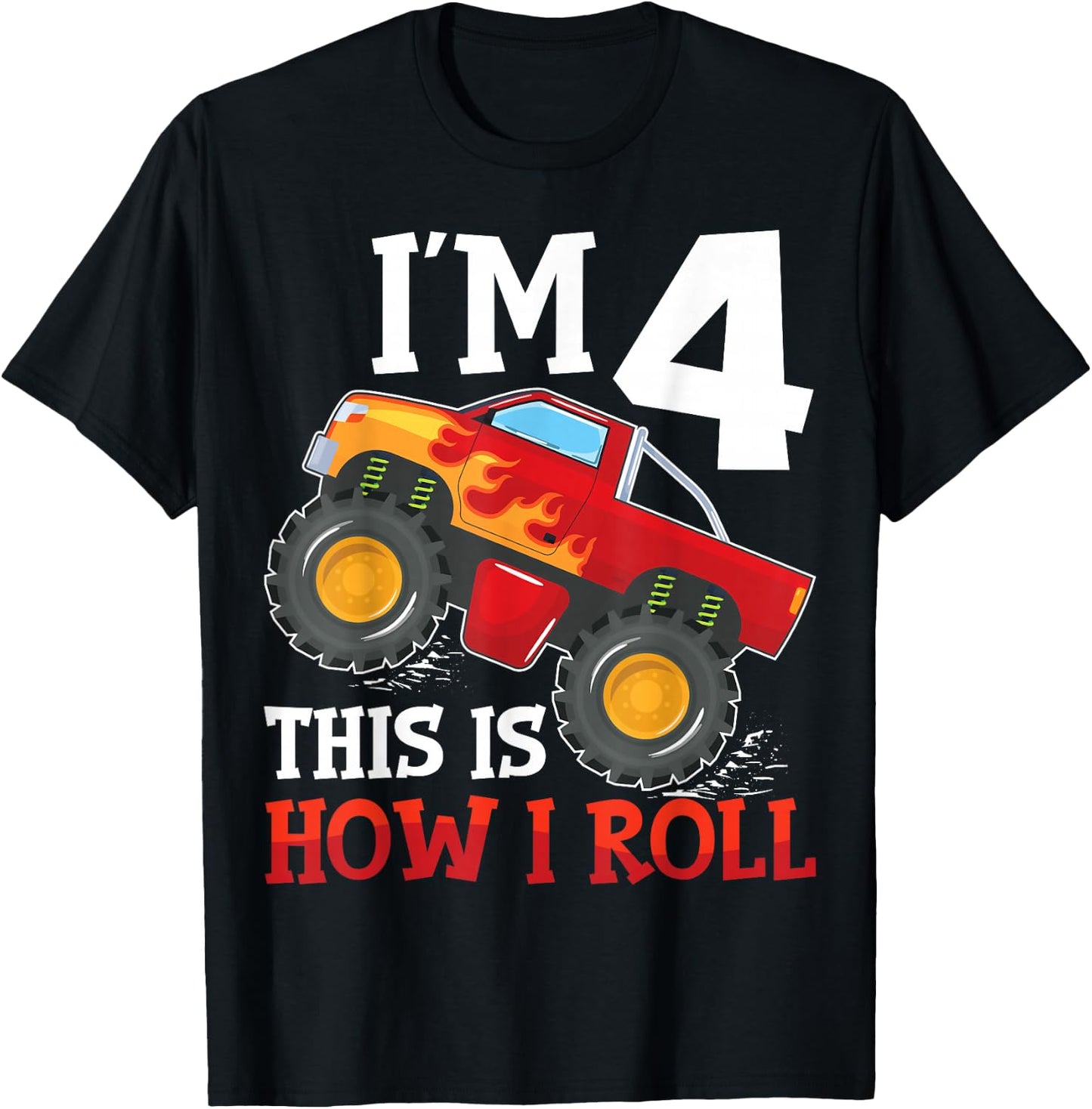Four 4yr 4th Birthday Monster Truck Boy 4 Years Old T-Shirt - T-Shirt | Black