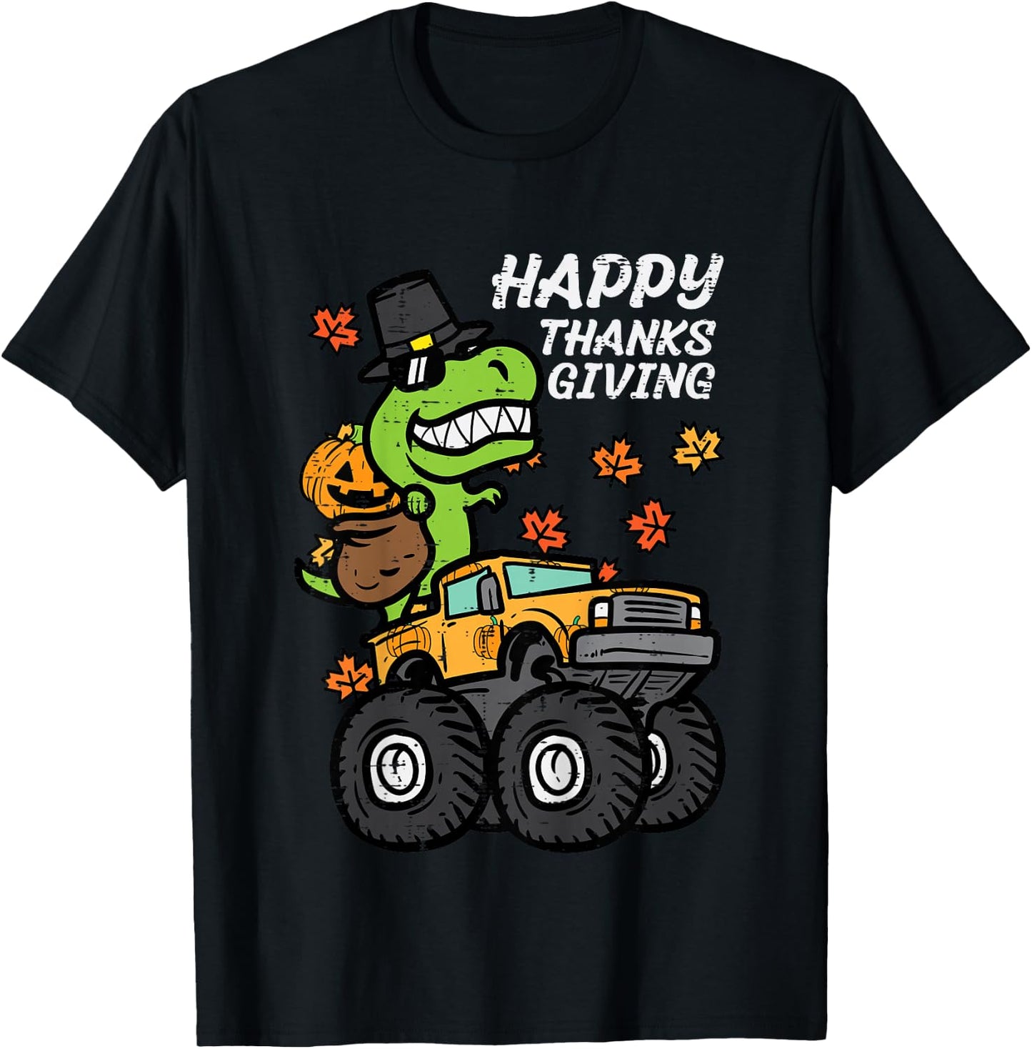 Kids Happy Thanksgiving Trex Monster Truck Fall Toddler Boys Kids T-Shirt - T-Shirt | Black
