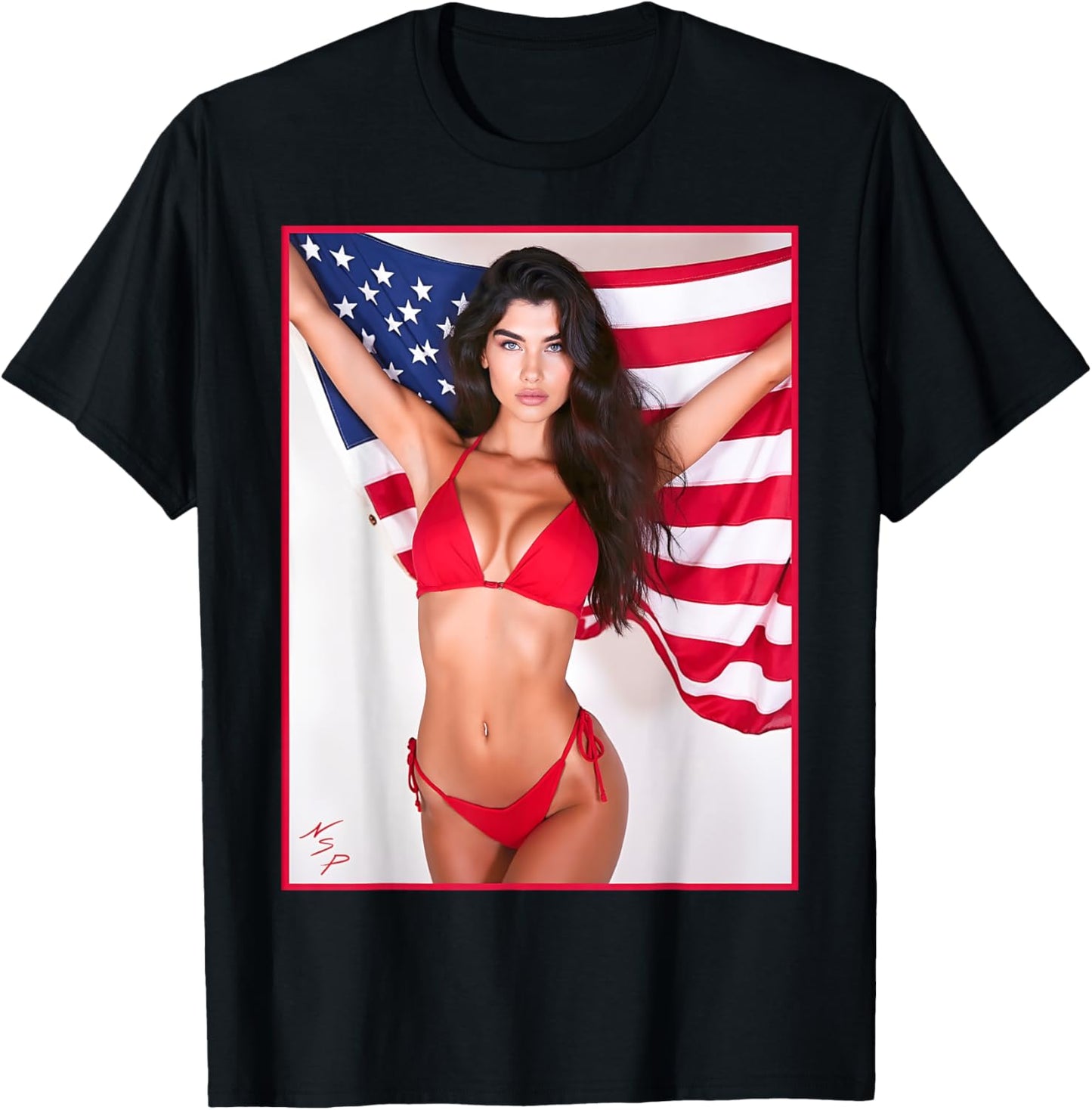 Hot Babe - Beautiful Bikini Girl with American Flag T-Shirt - T-Shirt | Black
