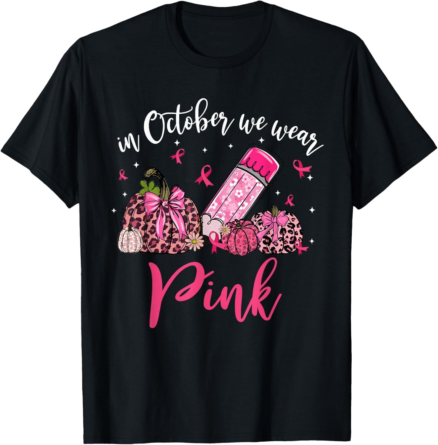 In October We Wear Pink Apple Teacher Daisy Breast Cancer T-Shirt - T-Shirt | Black