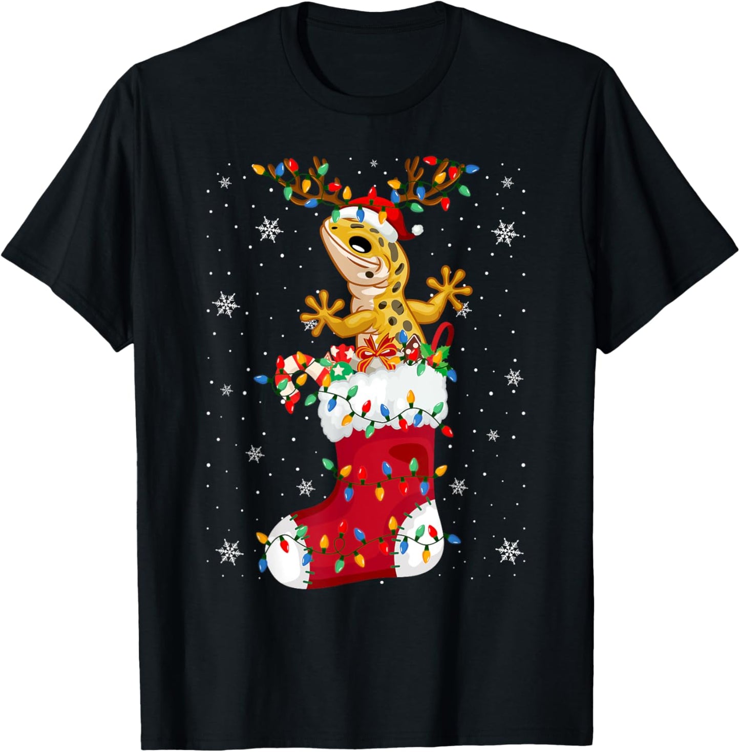 Santa Hat Leopard Gecko Animal In Socks Xmas Tree Lights T-Shirt - T-Shirt | Black