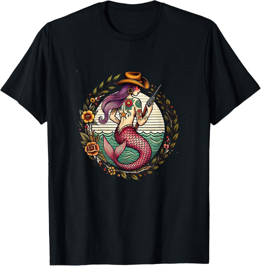 Art Nouveau Cowgirl Mermaid illustration T-Shirt - T-Shirt | Black