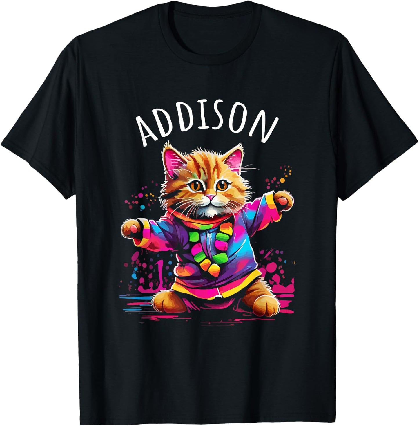 Addison Colorful Dancing Cat Design for Girls Name Addison T-Shirt - T-Shirt | Black