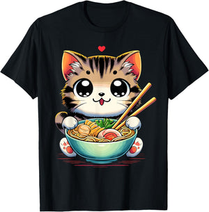 Cat Ramen Noodles Anime Kawaii Japanese Cat T-Shirt - T-Shirt | Black