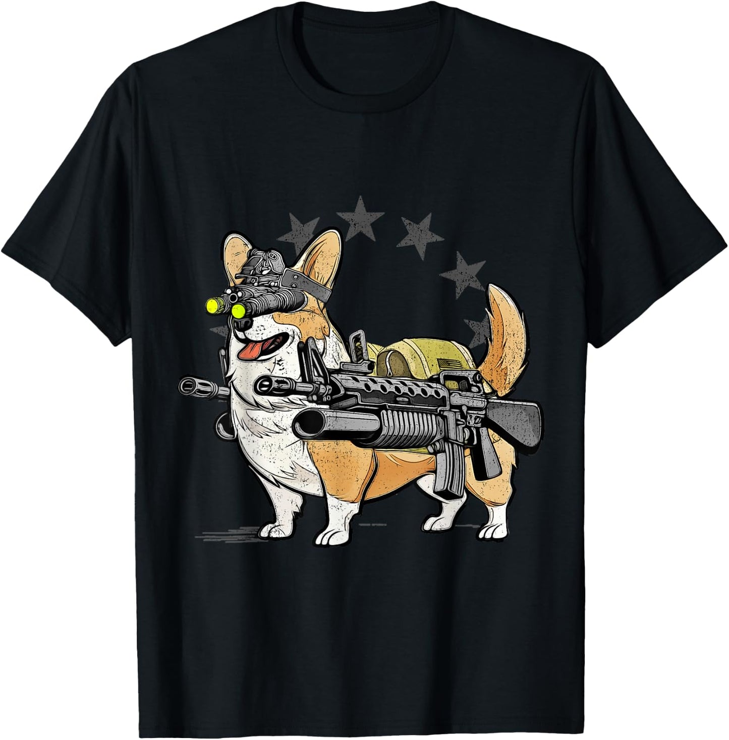 1 Nation -Adults Combat Corgi Patriotic Cartoon , Black, Small, Short Sleeve T-Shirt - T-Shirt | Black