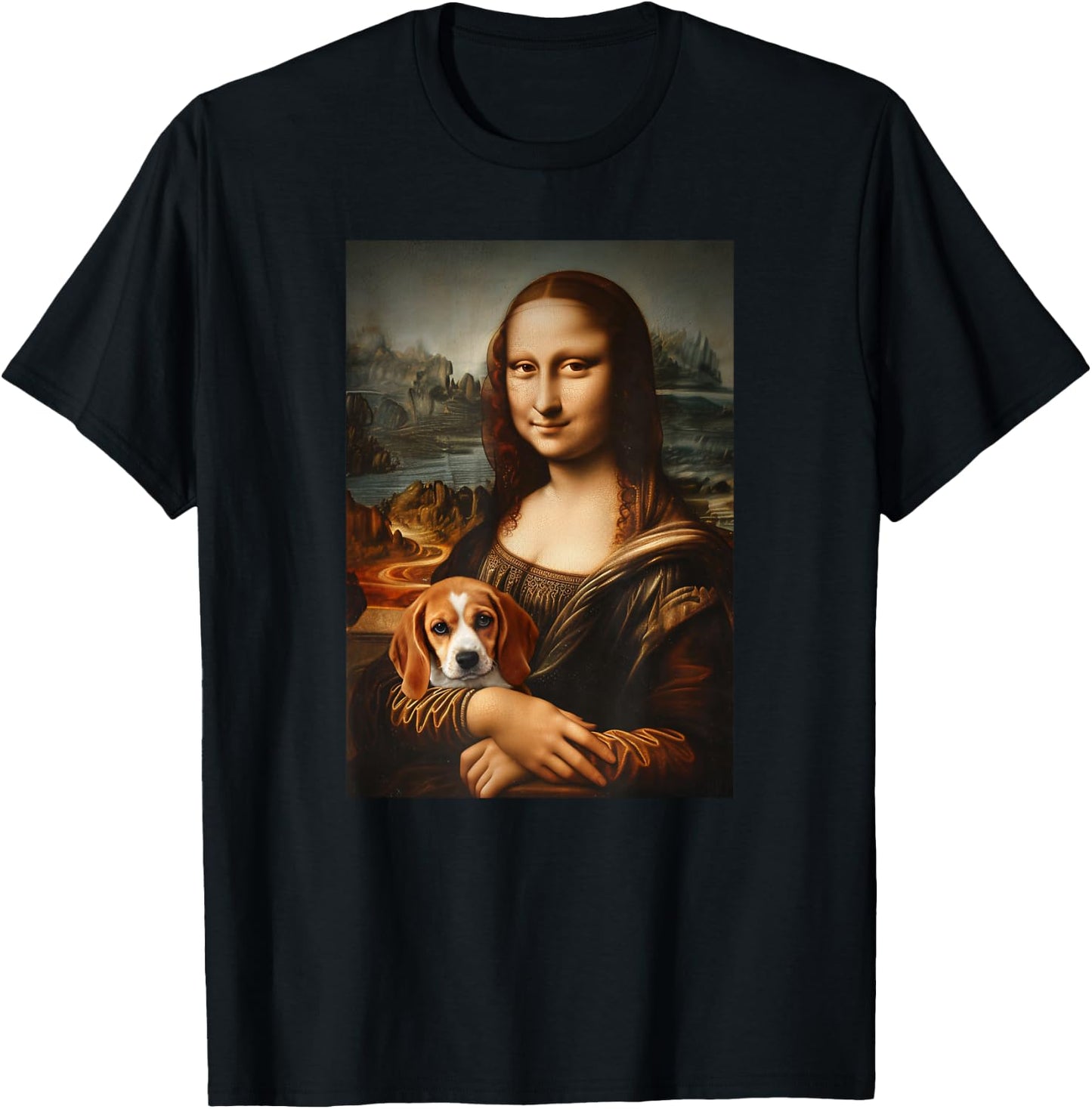 Beagle Mona Lisa Painting Art Dog Mom Dad T-Shirt - T-Shirt | Black