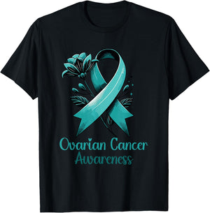 Elegant Teal Ribbon for Ovarian Cancer Awareness T-Shirt - T-Shirt | Black