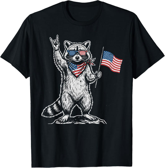 4th of July Raccoon US Flag Rock Patriotic Men Boys Kids T-Shirt - T-Shirt | Black