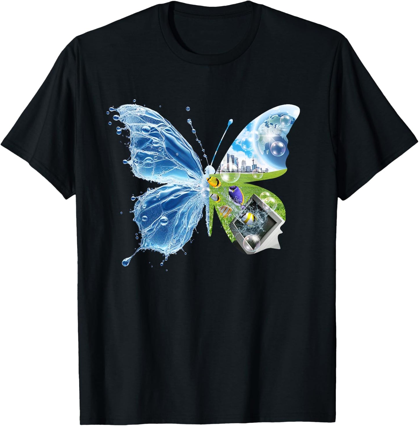 Frutiger Aero Aesthetic Butterfly Computer Fishes Scenery T-Shirt - T-Shirt | Black