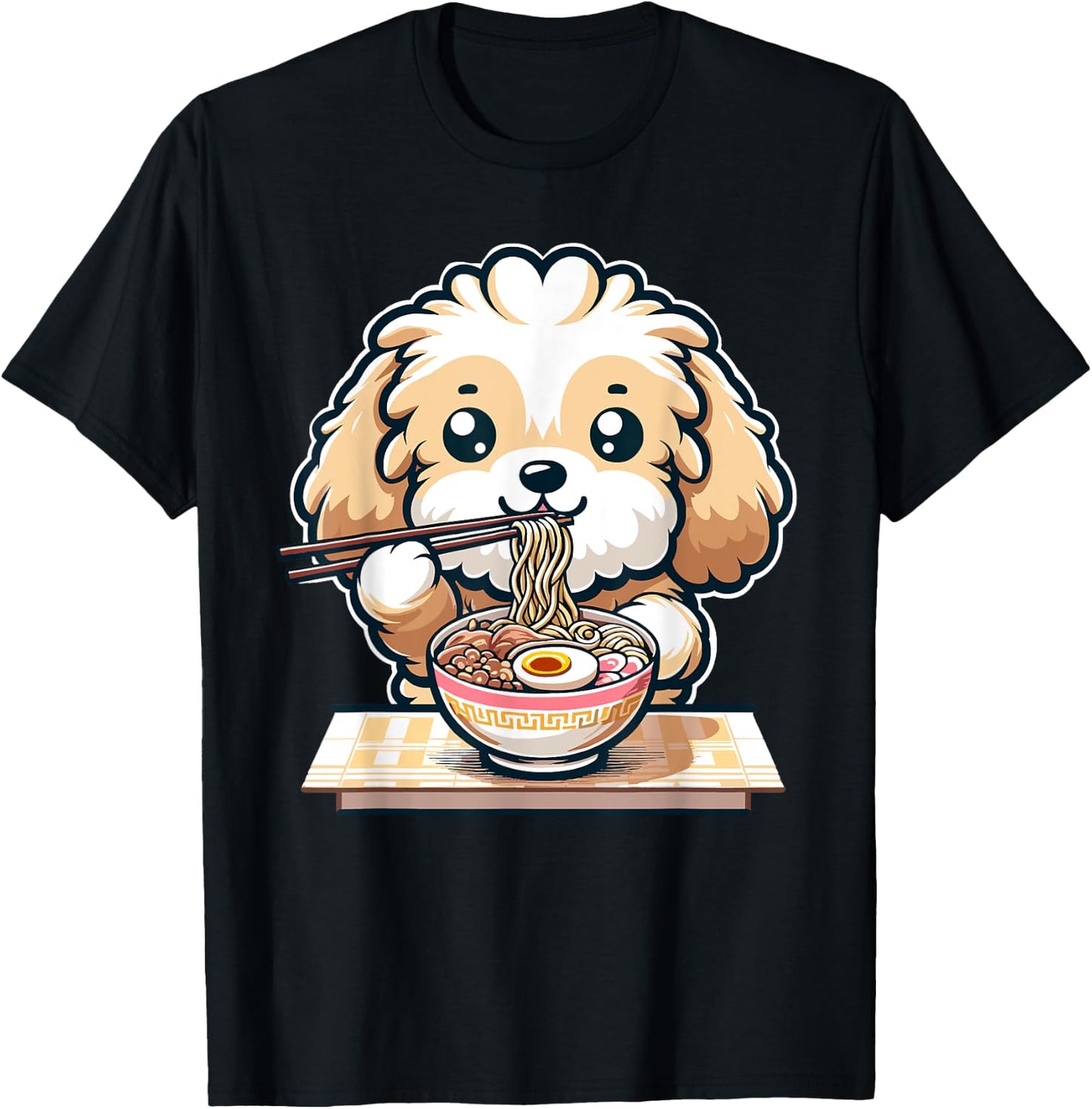 Cute Kawaii Cockapoo Eating Ramen Noodles Food Dog Lovers T-Shirt - T-Shirt | Black
