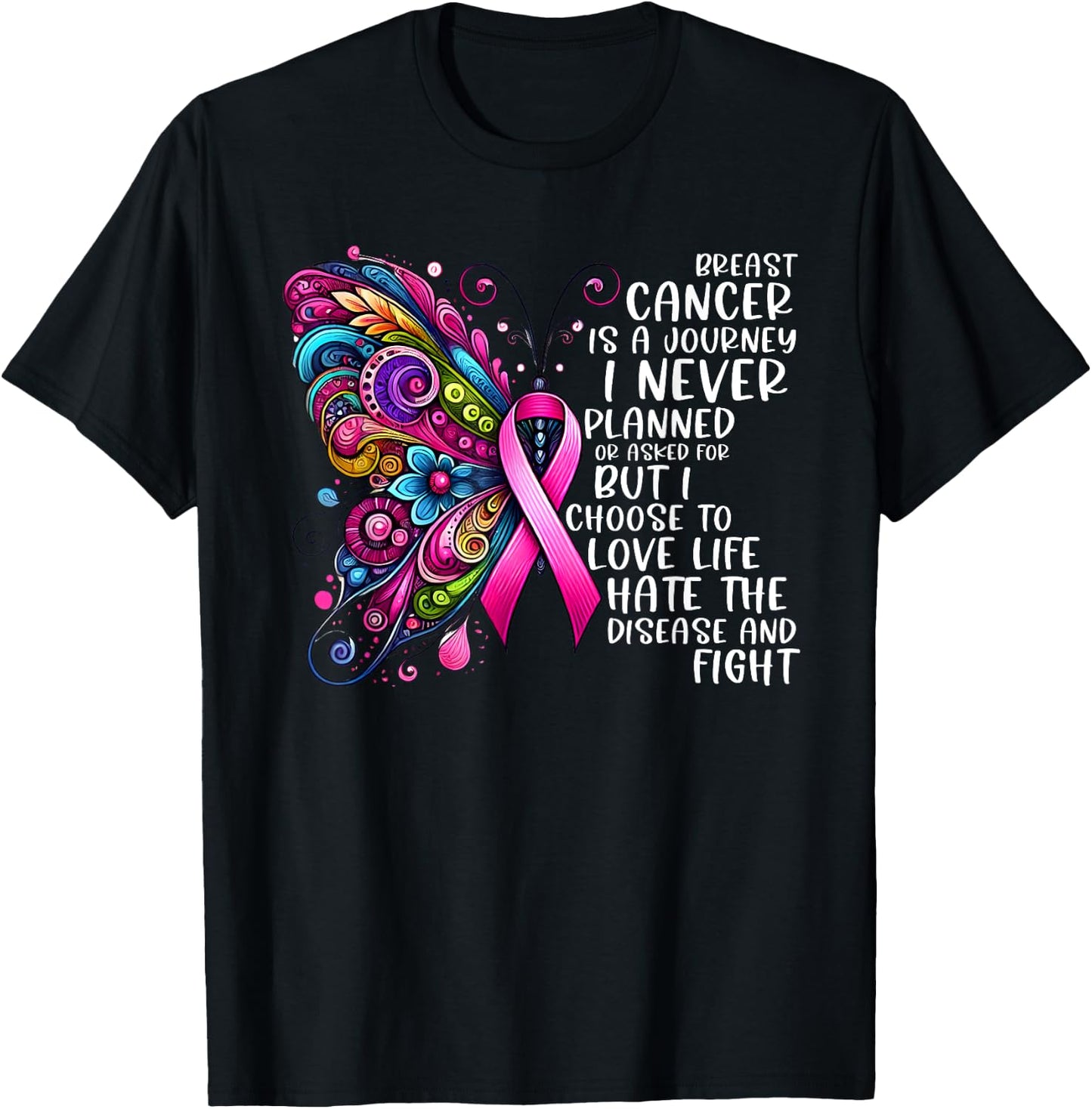 Support Fighter Warrior Pink Vibes Gifts Women Butterfly Breast Cancer Awareness Pink Ribbon Cancer Journey T-Shirt - T-Shirt | Black