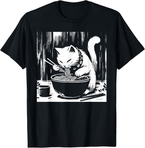 Retro Japanese Kawaii Anime Ramen Men Kids Women Cat Ramen T-Shirt - T-Shirt | Black