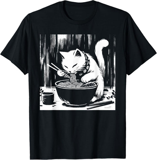 Retro Japanese Kawaii Anime Ramen Men Kids Women Cat Ramen T-Shirt - T-Shirt | Black