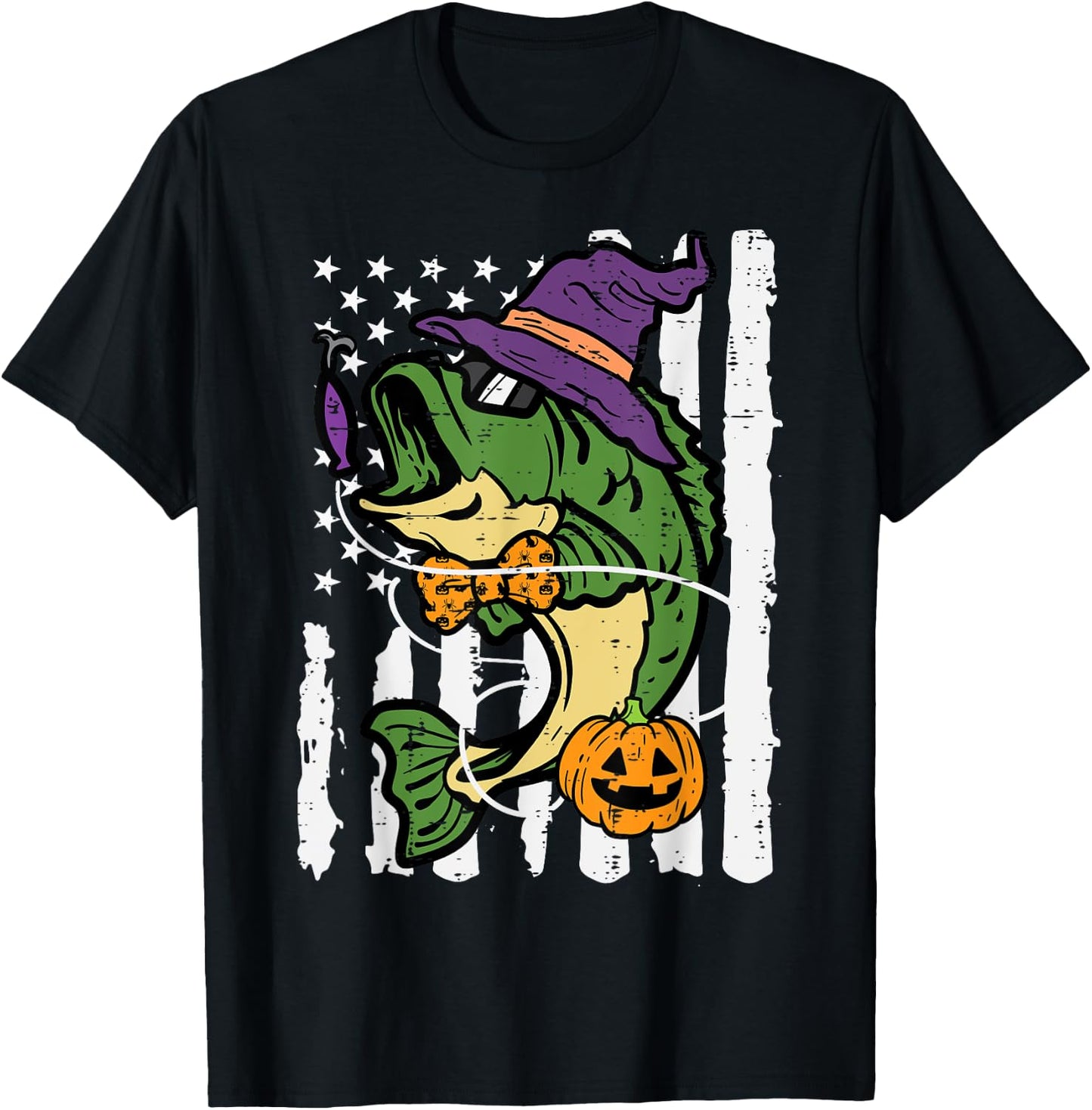 Halloween Bass Fish US Flag Costume Patriot Men Kids Women T-Shirt - T-Shirt | Black