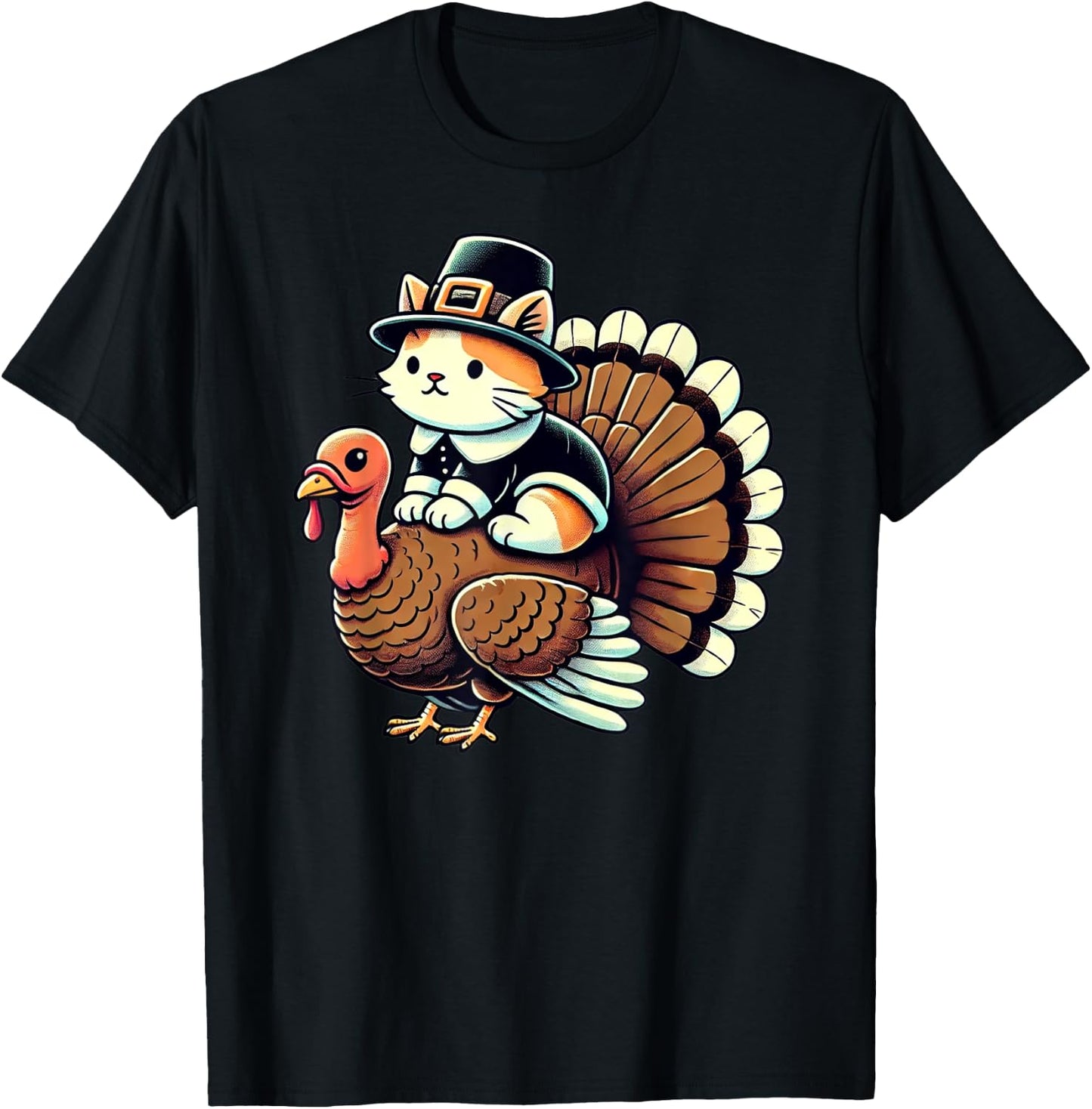 Pilgrim Cat Costume On Turkey Funny Thanksgiving Turkey T-Shirt - T-Shirt | Black