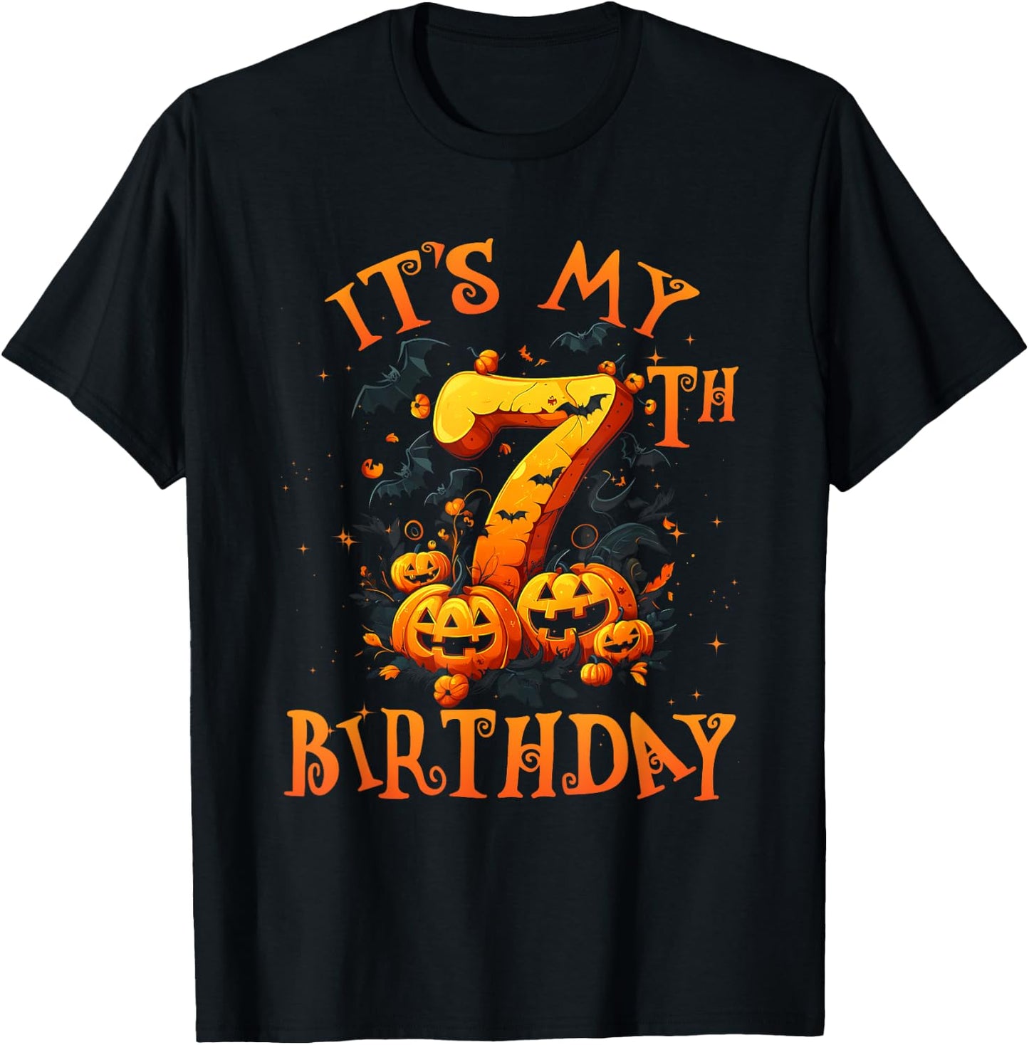 Boo It's My 7th Birthday Halloween Pumpkin 7 Years Old T-Shirt - T-Shirt | Black