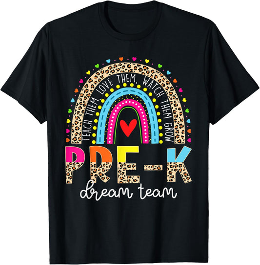 Pre-K Dream Team Leopard Rainbow Teacher Back To School T-Shirt - T-Shirt | Black