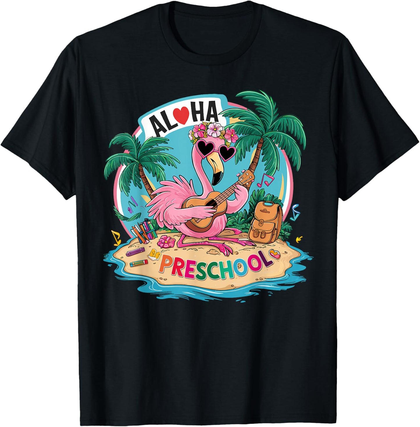 Aloha Preschool Flamingo Hawaii Back to School Kids Girl T-Shirt - T-Shirt | Black