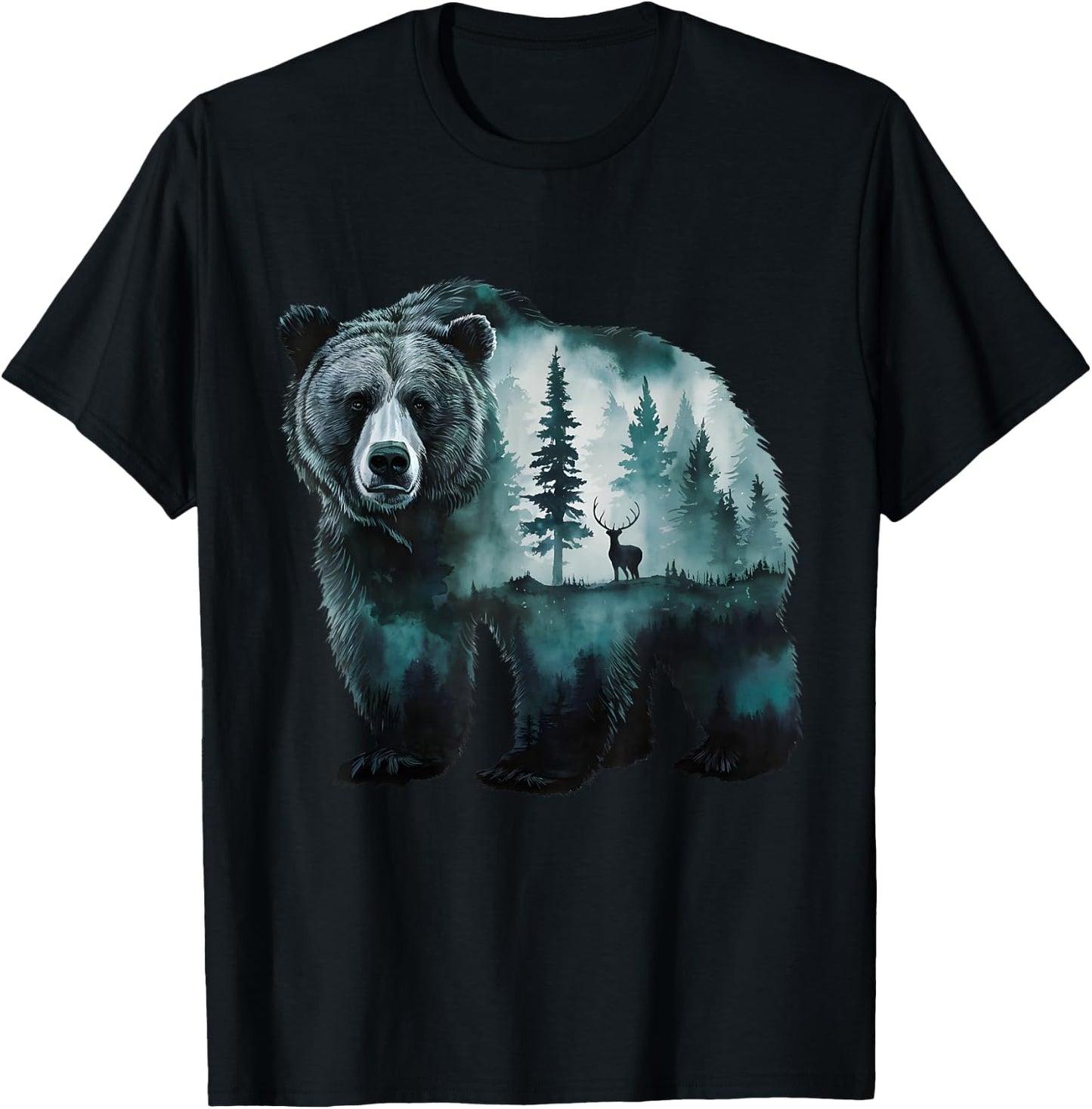 Majestic Grizzly Bear Deer Forest Scenic Nature Wildlife Art T-Shirt - T-Shirt | Black