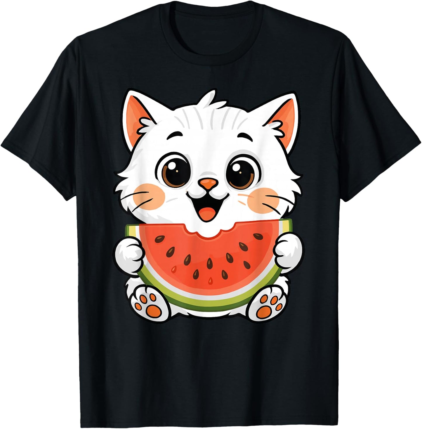 Kawaii Cat Eating Watermelon Summer Fruit Cat Lover T-Shirt - T-Shirt | Black