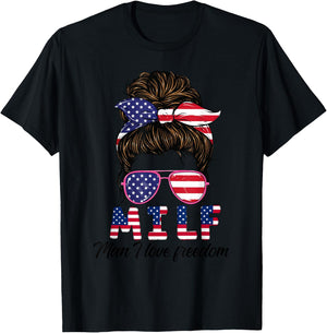 M.I.L.F Man I love freedom messy bun 4th of July Firecracker T-Shirt - T-Shirt | Black