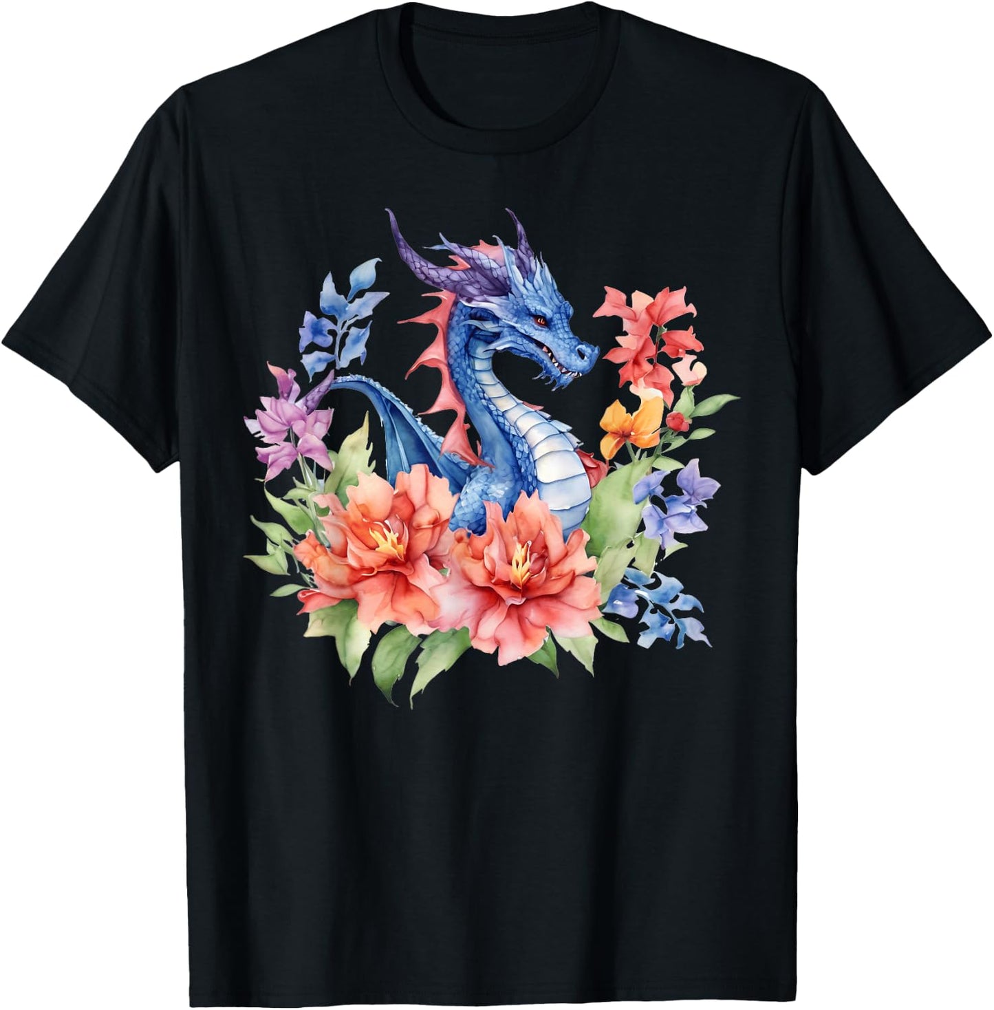 Watercolor Dragon Flowers Beautiful Art Colorful Graphic T-Shirt - T-Shirt | Black