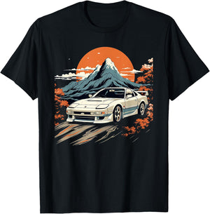 Retro Japanese Drift Car Racing Mount Fuji Sunset Scene T-Shirt - T-Shirt | Black