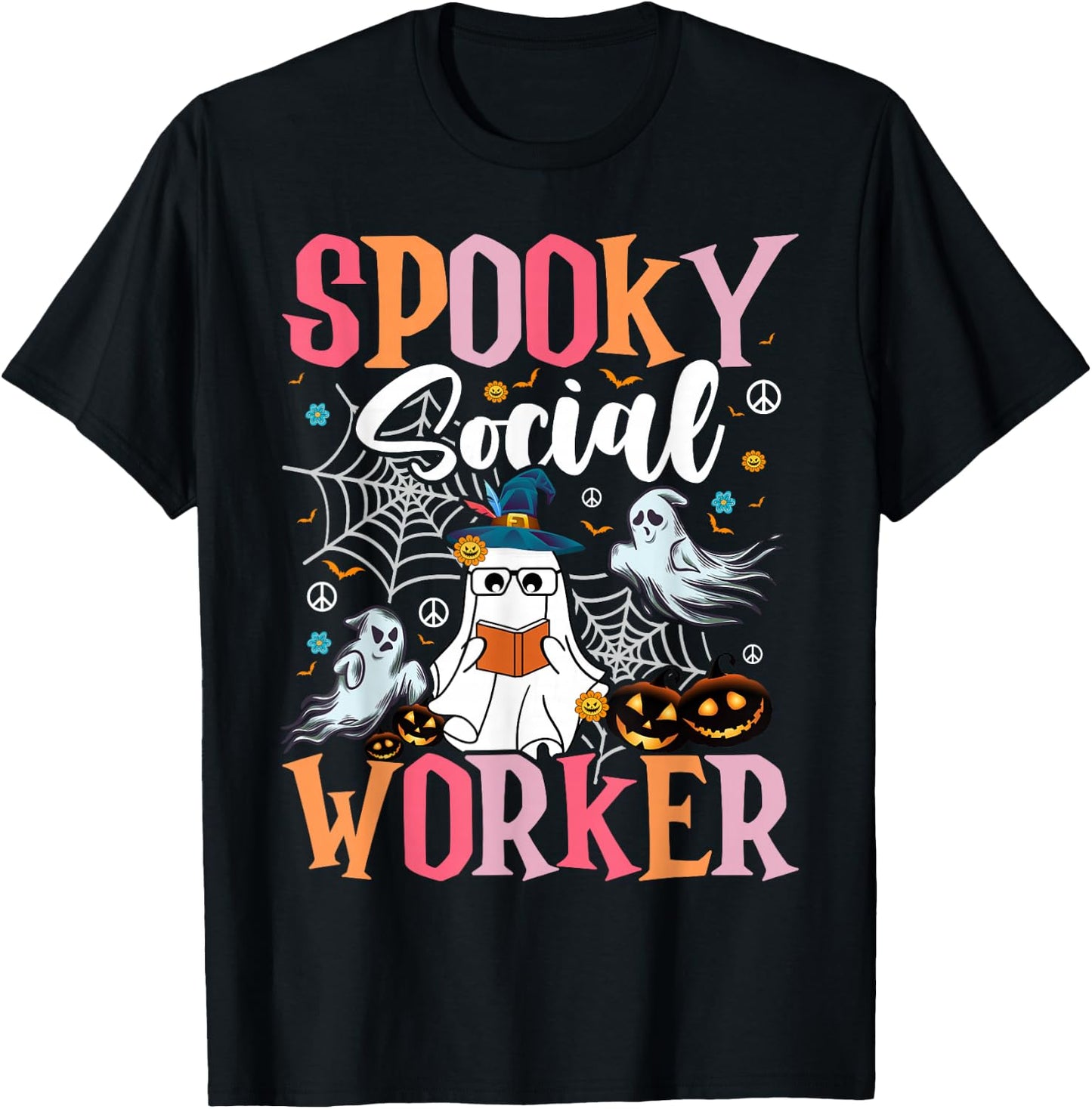 Groovy Retro Ghost Spooky Social Worker Halloween Costume T-Shirt - T-Shirt | Black