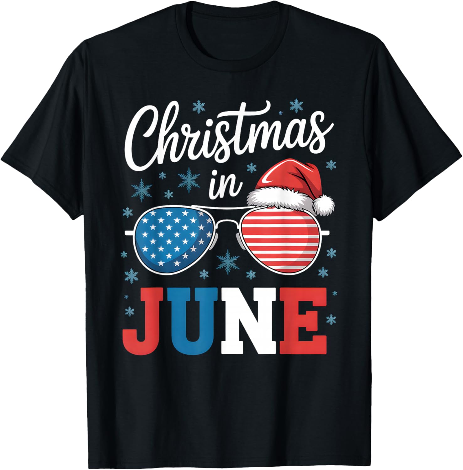 Christmas In June Sunglasses Santa Hat US Flag Vacation T-Shirt - T-Shirt | Black