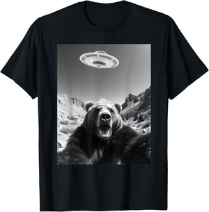 Bear Selfie With UFO Hilarious Alien Encounter Meme T-Shirt - T-Shirt | Black