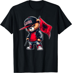 Teddy Bear Albania Flag Albanian Eagle Shqiponja Dykrenare T-Shirt - T-Shirt | Black