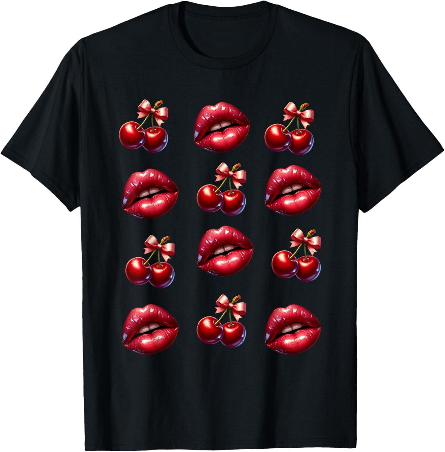 Cherry Red Lips Cute Summer Fruit Lover Fashion Enthusiast T-Shirt - T-Shirt | Black