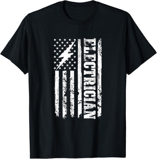 USA American Flag Electrician Lineman Electrical Worker Watt T-Shirt - T-Shirt | Black