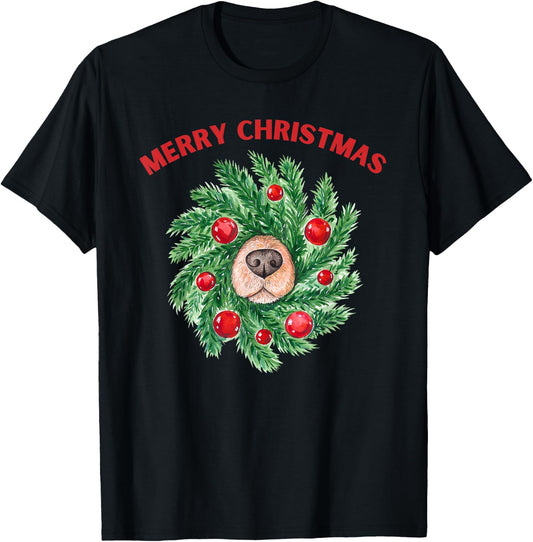 HeadOverHeels For Dogs Comfort Collection & Gear Cute Merry Christmas Wreath Dog Nose T-Shirt - T-Shirt | Black