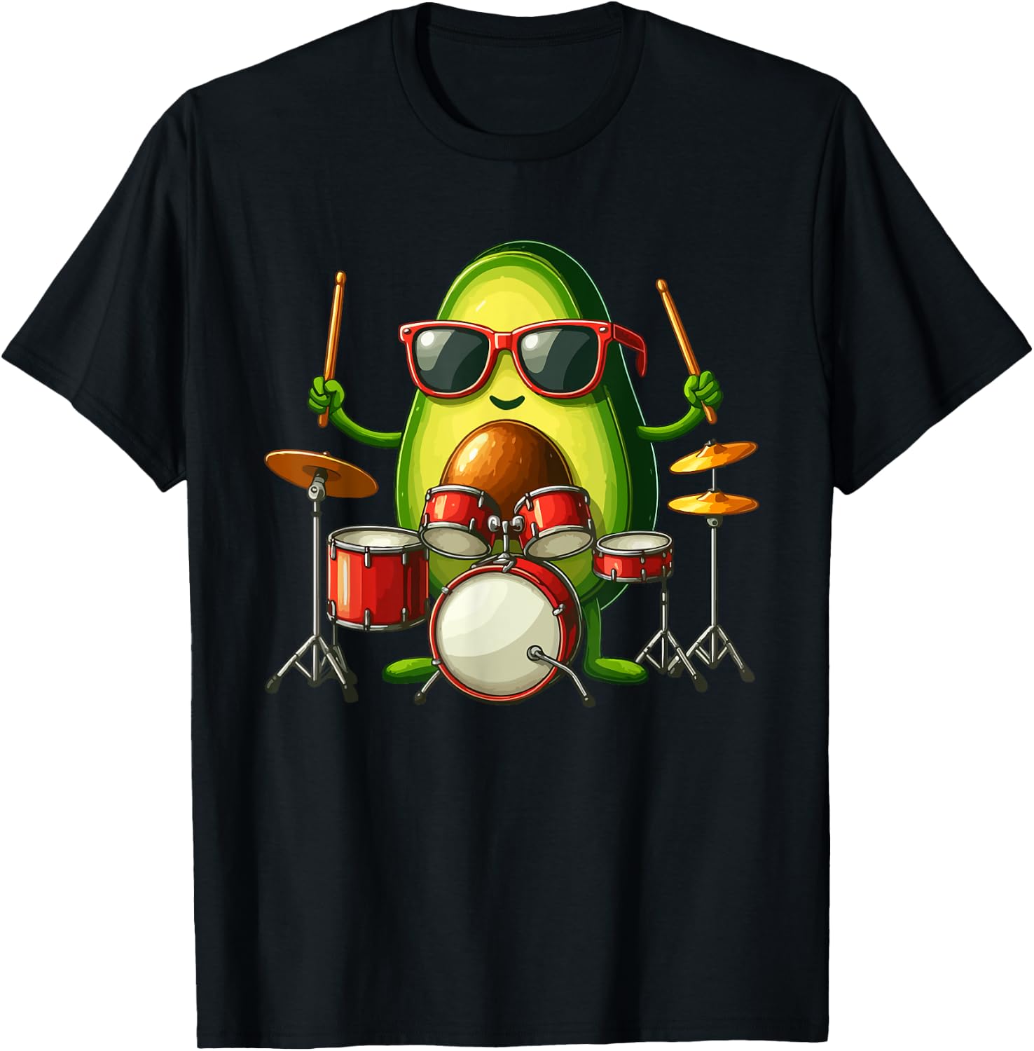 Avocado Sunglasses Playing Drum Funny Fruit Instrument T-Shirt - T-Shirt | Black