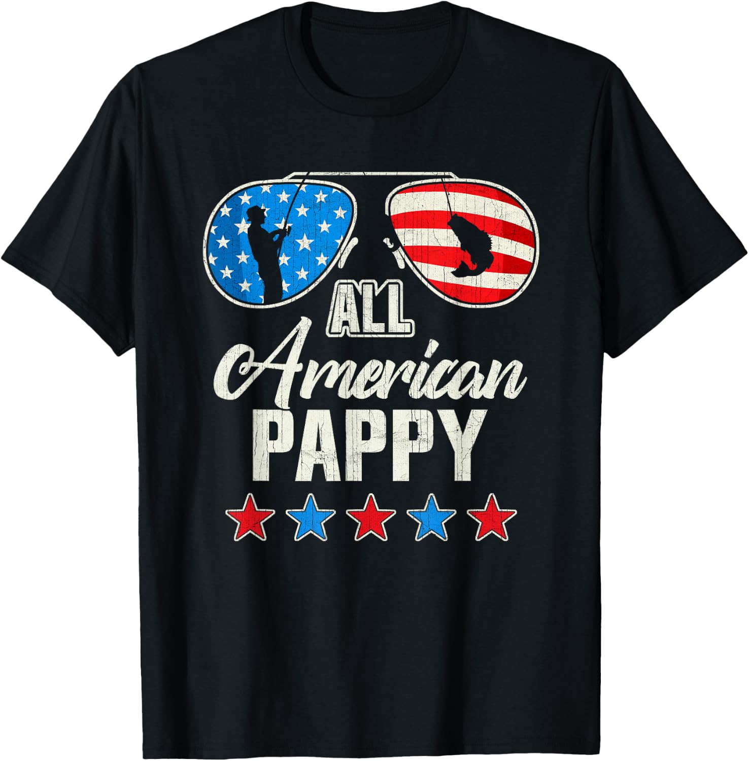 All American Fishing Pappy 4th Of July US Flag Sunglasses T-Shirt - T-Shirt | Black