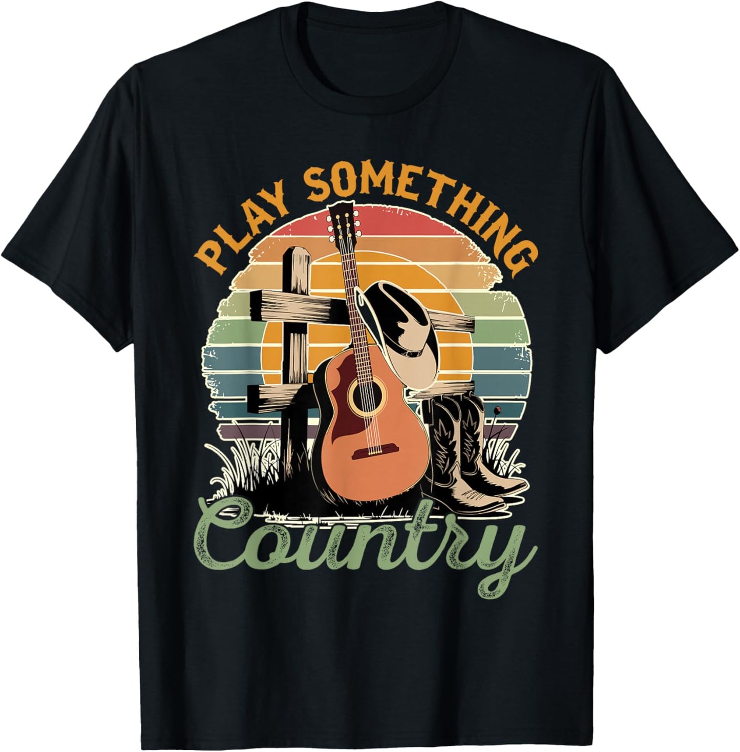 Funny Loves Country Music Country Music Festival Play Something Country -Adults Black Small Modern Classic U-Neck Short Sleeve T-Shirt - T-Shirt | Black