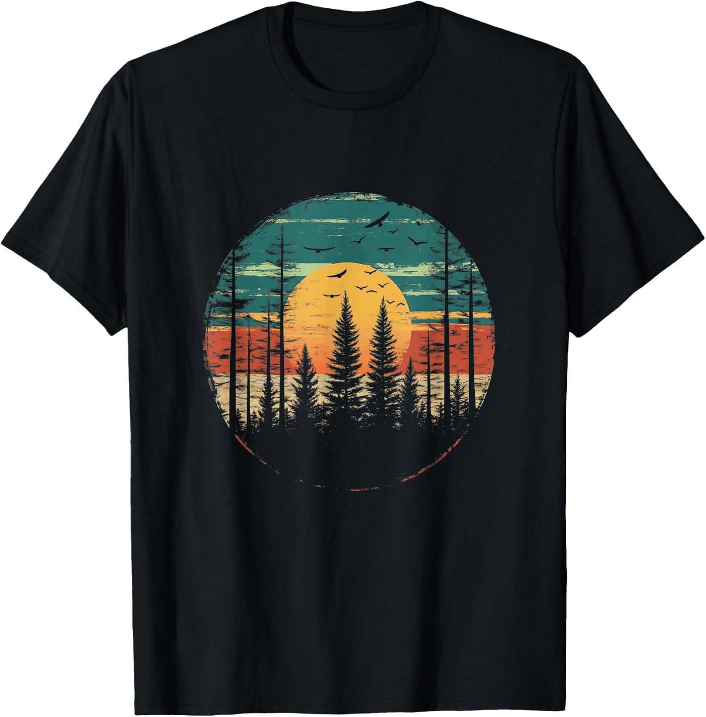 Retro Forest Trees Outdoors Nature Women Men Vintage Graphic T-Shirt - T-Shirt | Black