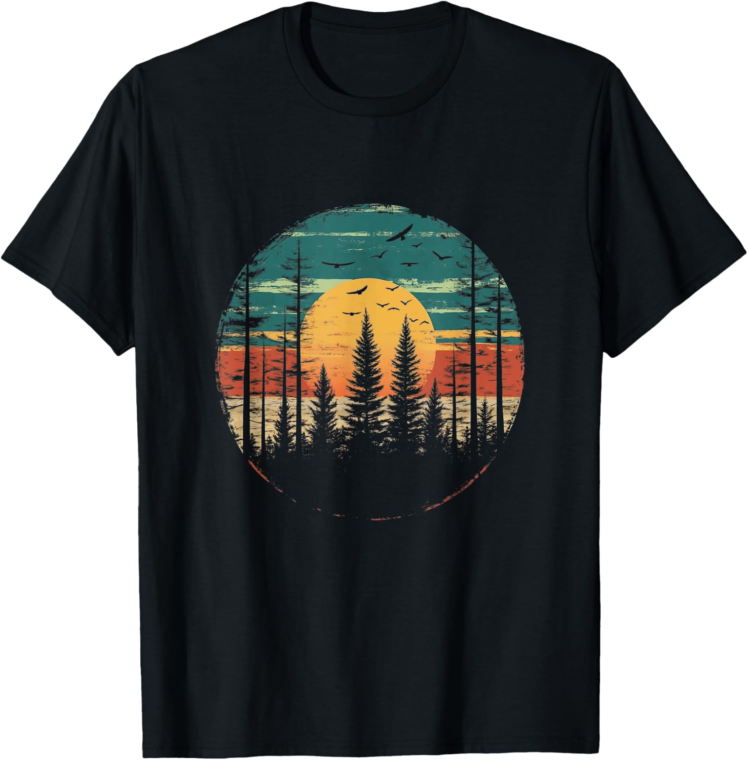 Retro Forest Trees Outdoors Nature Women Men Vintage Graphic T-Shirt - T-Shirt | Black