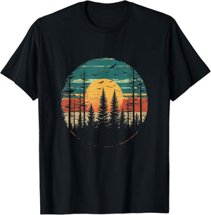 Retro Forest Trees Outdoors Nature Women Men Vintage Graphic T-Shirt - T-Shirt | Black