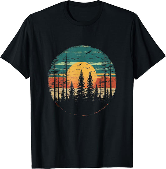 Retro Forest Trees Outdoors Nature Women Men Vintage Graphic T-Shirt - T-Shirt | Black