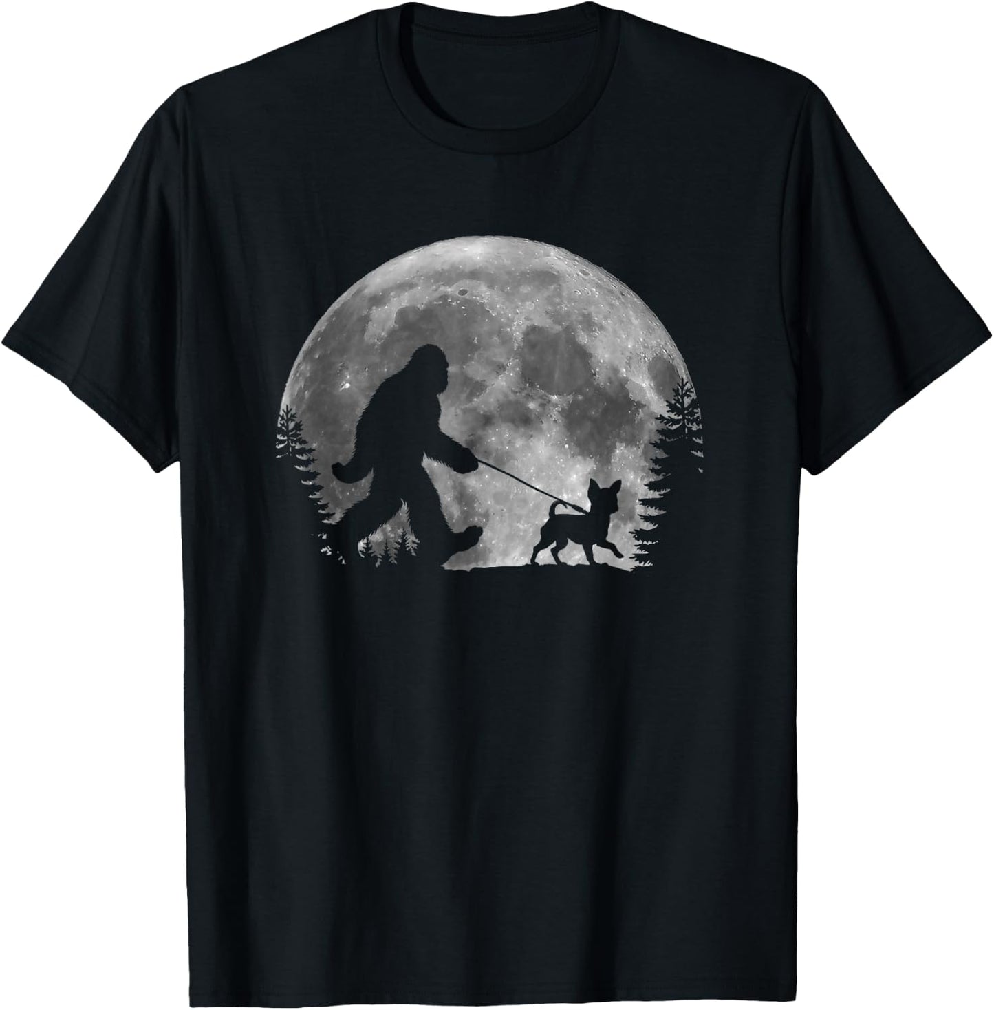 Bigfoot Walking a Dog Funny Chihuahua Lovers Moon Halloween Men Women Kids T-Shirt - T-Shirt | Black