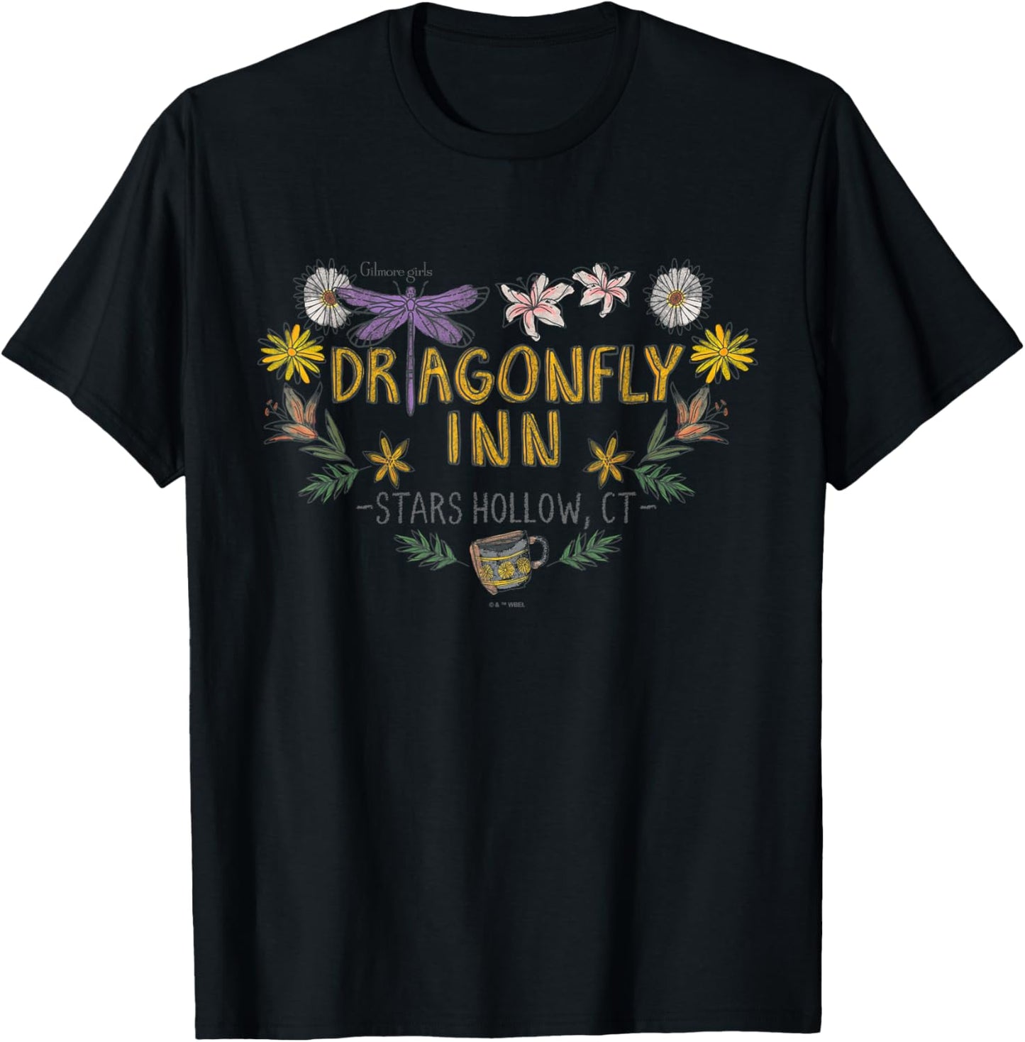 Gilmore Girls Dragon Fly Inn Chalk Floral Heart T-Shirt - T-Shirt | Black